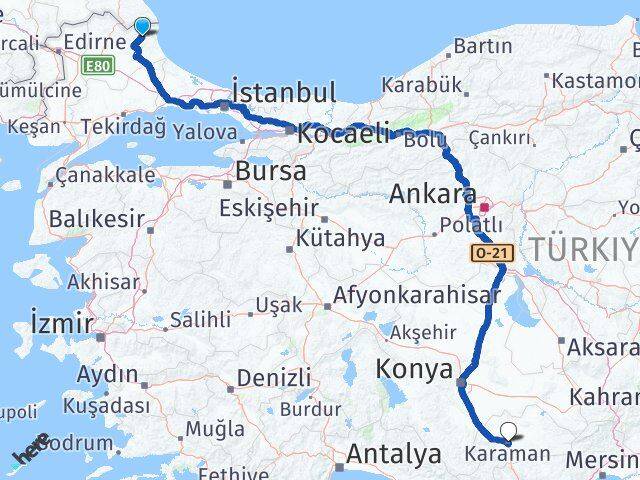 Kırklareli Demirköy Karaman Arası Kaç Km - Yol Haritası