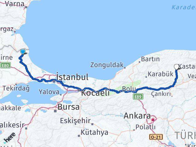 Kırklareli Demirköy Kastamonu Arası Kaç Km - Yol Haritası
