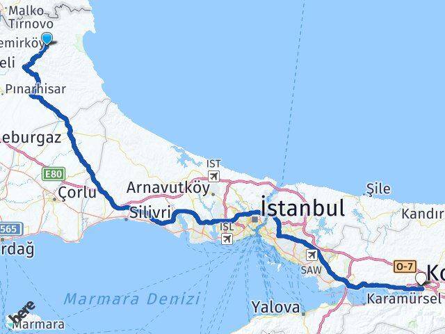 Kırklareli Demirköy Kocaeli Arası Kaç Km - Yol Haritası