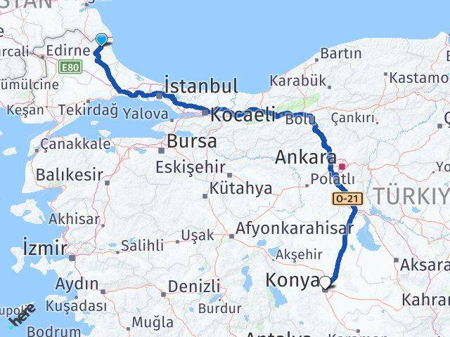 Kırklareli Demirköy Konya Arası Kaç Km - Yol Haritası