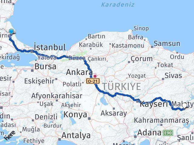 Kırklareli Demirköy Malatya Arası Kaç Km - Yol Haritası