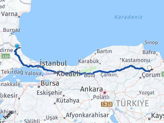 Kırklareli Demirköy Merzifon Amasya Arası Kaç Km - Yol Haritası