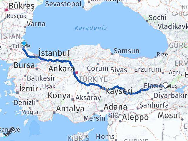 Kırklareli Demirköy Muş Arası Kaç Km - Yol Haritası