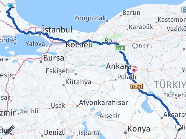 Kırklareli Demirköy Niğde Arası Kaç Km - Yol Haritası