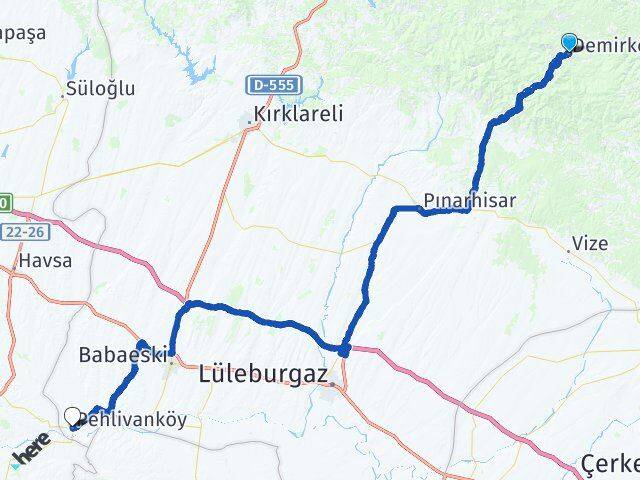 Kırklareli Demirköy Pehlivanköy Arası Kaç Km - Yol Haritası