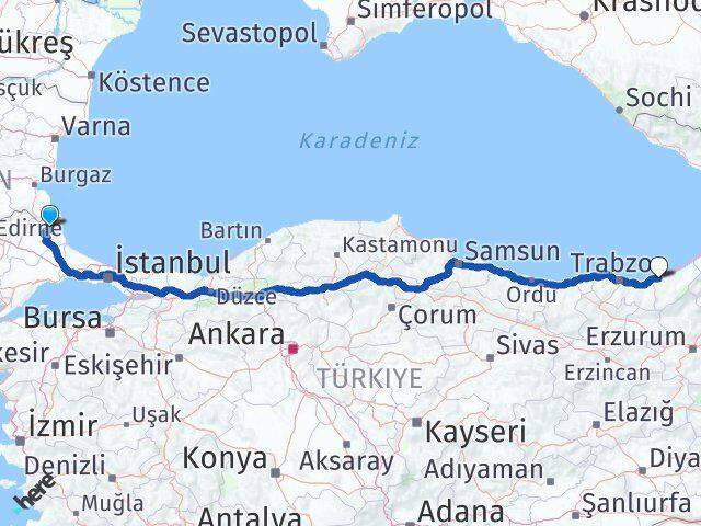 Kırklareli Demirköy Rize Arası Kaç Km - Yol Haritası