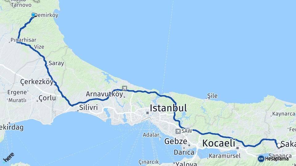 Kırklareli Demirköy Sakarya Arası Kaç Km - Yol Haritası