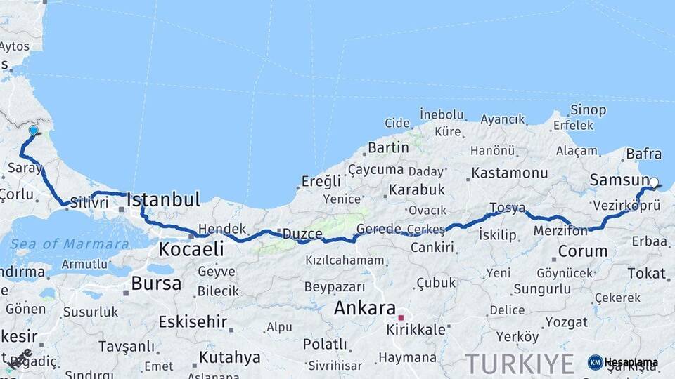 Kırklareli Demirköy Samsun Arası Kaç Km - Yol Haritası