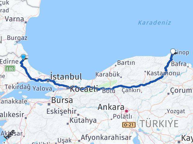 Kırklareli Demirköy Sinop Arası Kaç Km - Yol Haritası