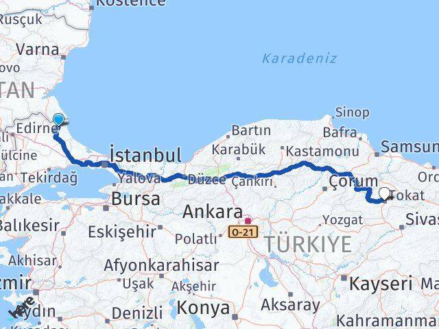 Kırklareli Demirköy Tokat Arası Kaç Km - Yol Haritası