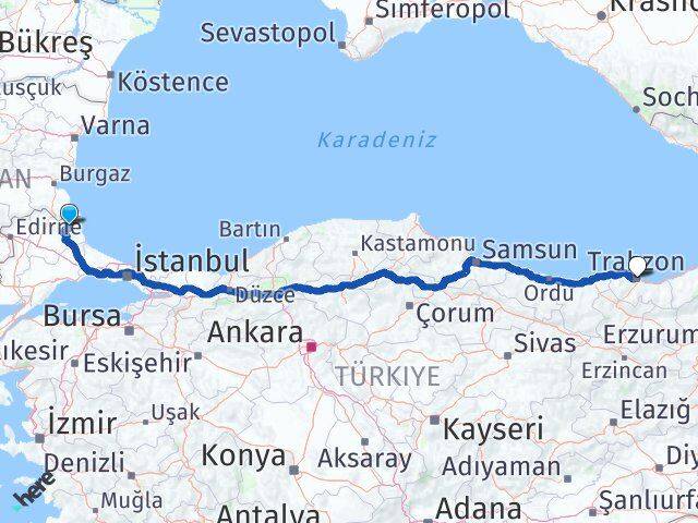 Kırklareli Demirköy Trabzon Arası Kaç Km - Yol Haritası