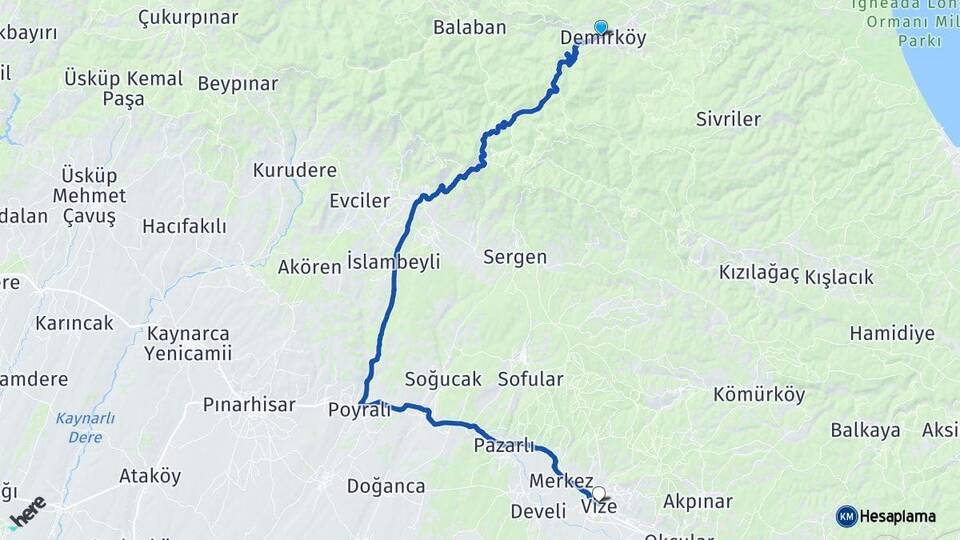 Kırklareli Demirköy Vize Arası Kaç Km - Yol Haritası