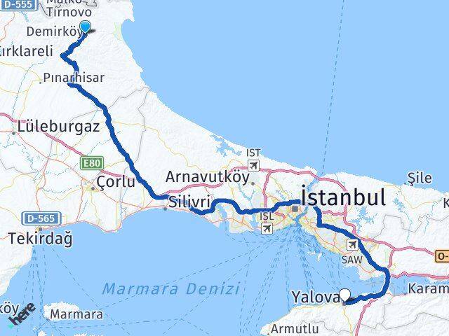 Kırklareli Demirköy Yalova Arası Kaç Km - Yol Haritası