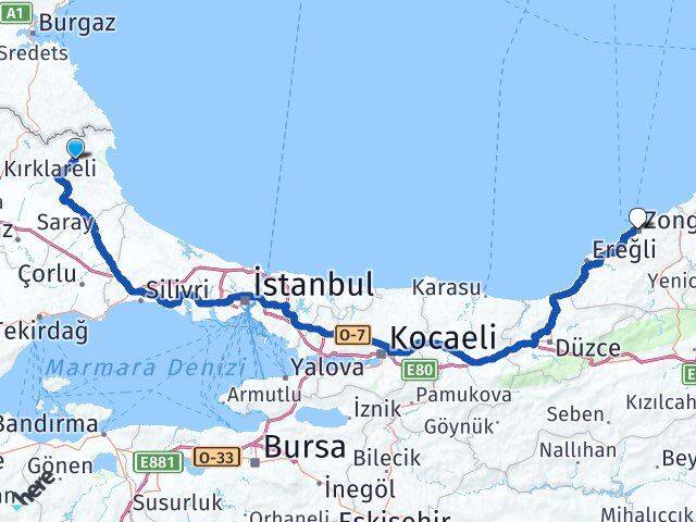 Kırklareli Demirköy Zonguldak Arası Kaç Km - Yol Haritası