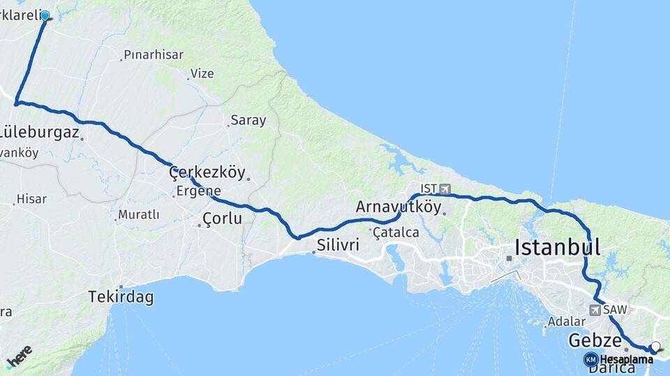 Kırklareli Dilovası Kocaeli Arası Kaç Km - Yol Haritası