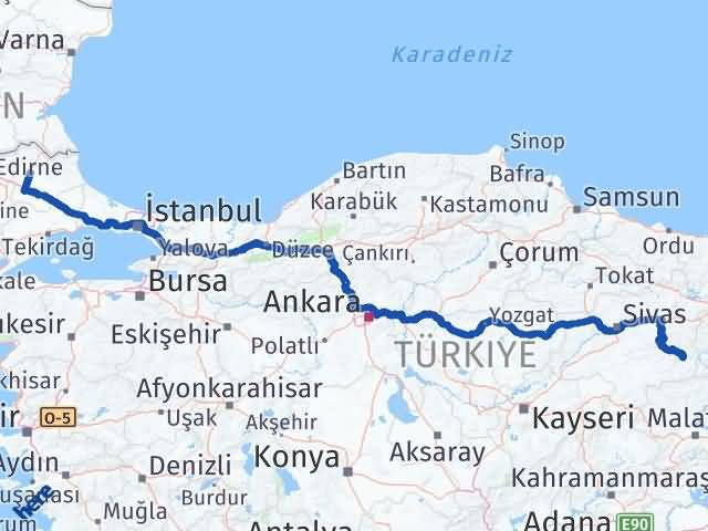 Kırklareli Divriği Sivas Arası Kaç Km - Yol Haritası