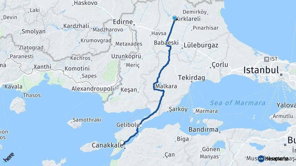 Kırklareli Eceabat Çanakkale Arası Kaç Km - Yol Haritası
