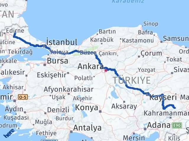 Kırklareli Ekinözü Kahramanmaraş Arası Kaç Km - Yol Haritası