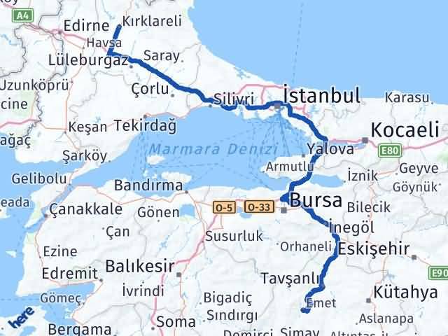 Kırklareli Emet Kütahya Arası Kaç Km - Yol Haritası