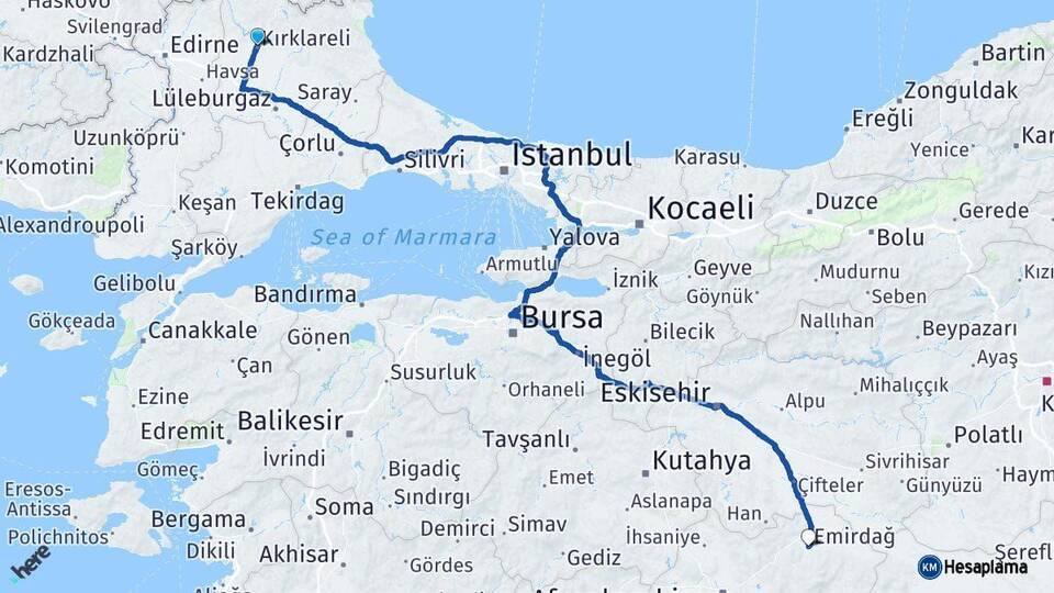Kırklareli Emirdağ Afyonkarahisar Arası Kaç Km - Yol Haritası