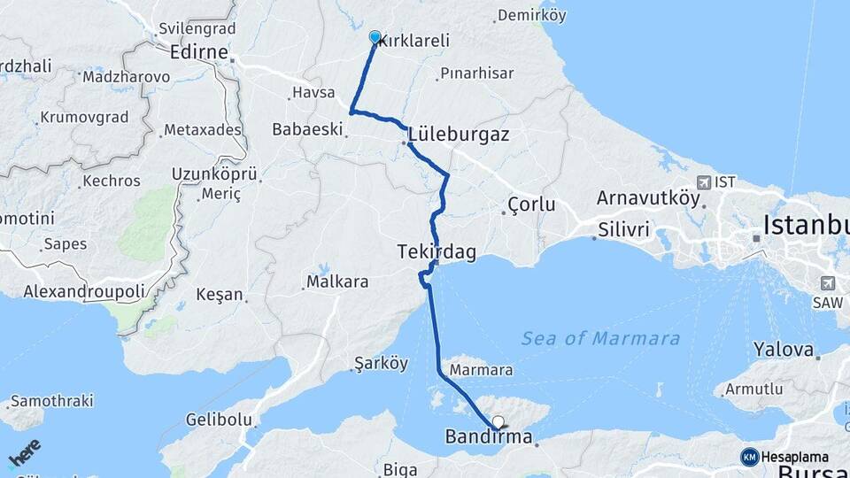 Kırklareli Erdek Balıkesir Arası Kaç Km - Yol Haritası