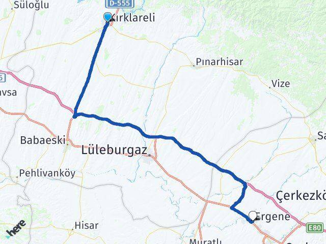 Kırklareli Ergene Tekirdağ Arası Kaç Km - Yol Haritası