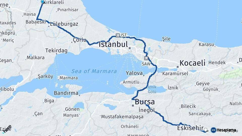 Kırklareli Eskişehir Arası Kaç Km - Yol Haritası