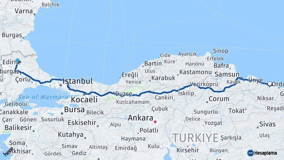 Kırklareli Fatsa Ordu Arası Kaç Km - Yol Haritası