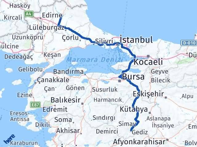 Kırklareli Gediz Kütahya Arası Kaç Km - Yol Haritası