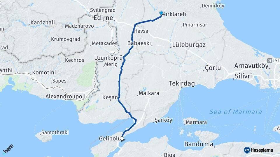Kırklareli Gelibolu Çanakkale Arası Kaç Km - Yol Haritası