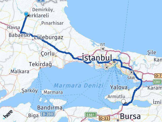 Kırklareli Gemlik Bursa Arası Kaç Km - Yol Haritası