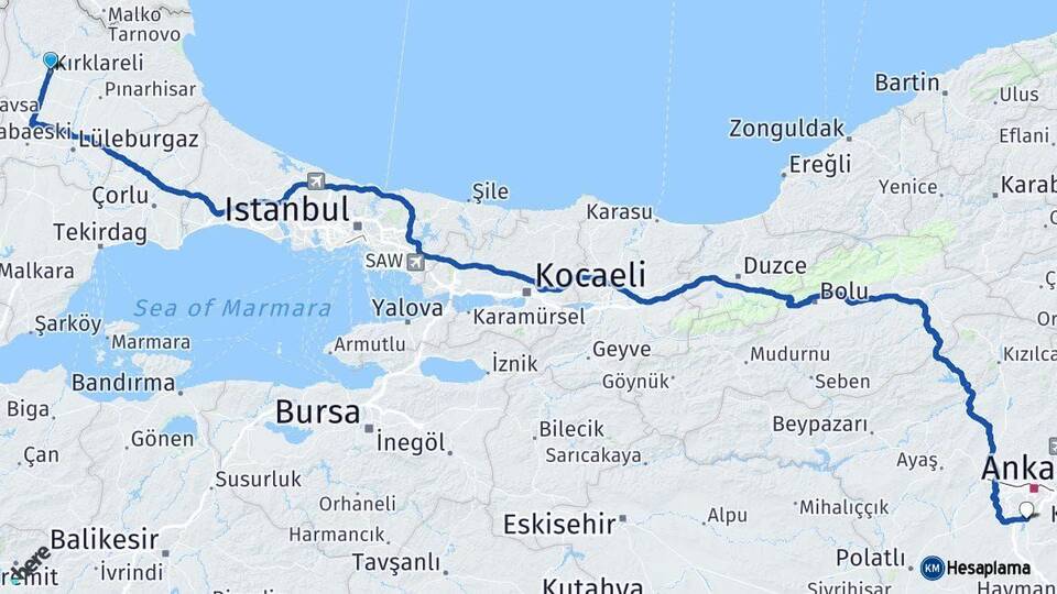 Kırklareli Gölbaşı Ankara Arası Kaç Km - Yol Haritası