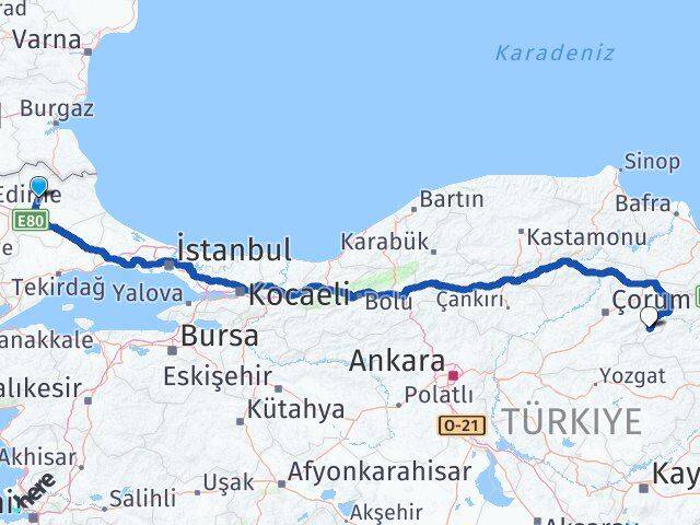 Kırklareli Göynücek Amasya Arası Kaç Km - Yol Haritası