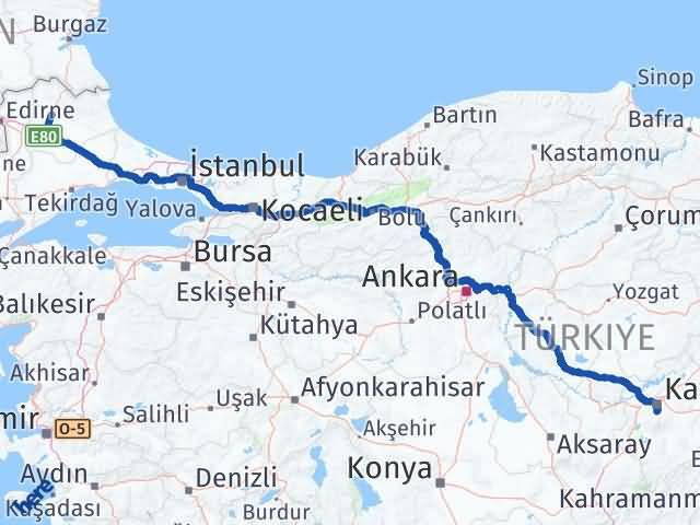 Kırklareli Hacılar Kayseri Arası Kaç Km - Yol Haritası