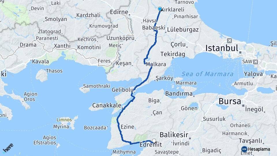 Kırklareli Havran Balıkesir Arası Kaç Km - Yol Haritası