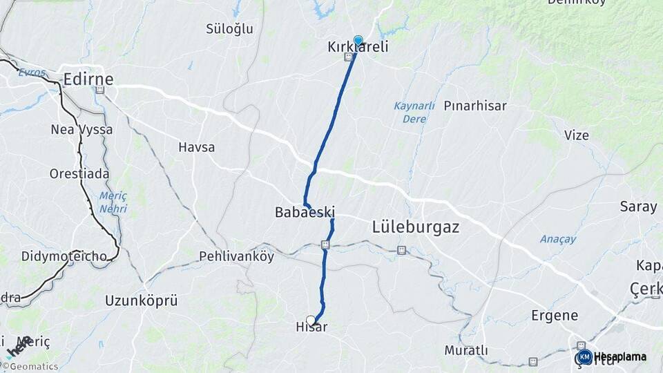 Kırklareli Hayrabolu Tekirdağ Arası Kaç Km - Yol Haritası