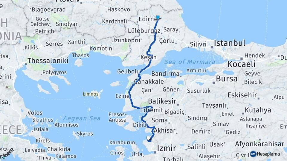 Kırklareli Horozgediği Aliağa İzmir Arası Kaç Km - Yol Haritası