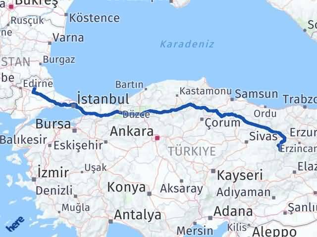 Kırklareli İliç Erzincan Arası Kaç Km - Yol Haritası