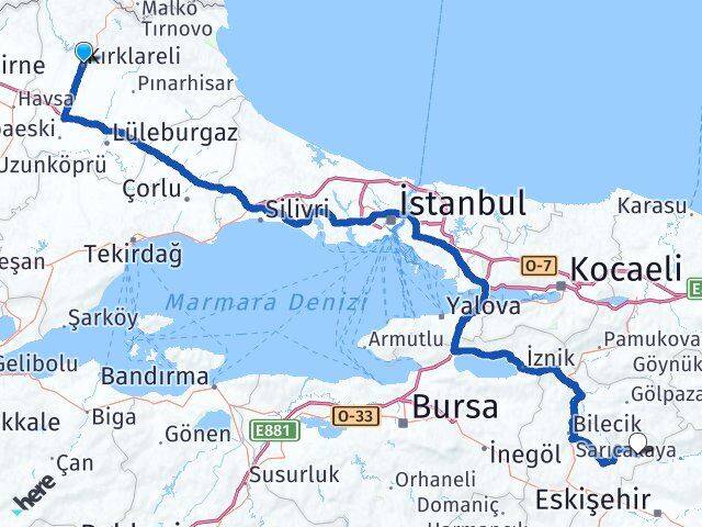 Kırklareli İnhisar Bilecik Arası Kaç Km - Yol Haritası
