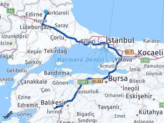 Kırklareli İvrindi Balıkesir Arası Kaç Km - Yol Haritası