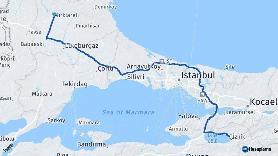 Kırklareli İznik Bursa Arası Kaç Km - Yol Haritası