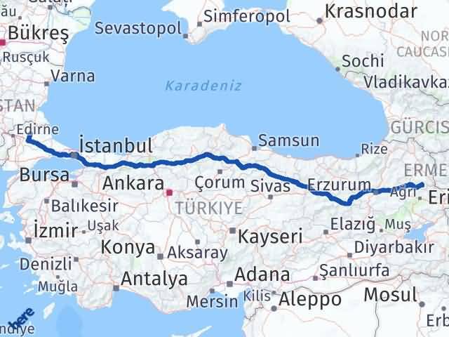 Kırklareli Kağızman Kars Arası Kaç Km - Yol Haritası