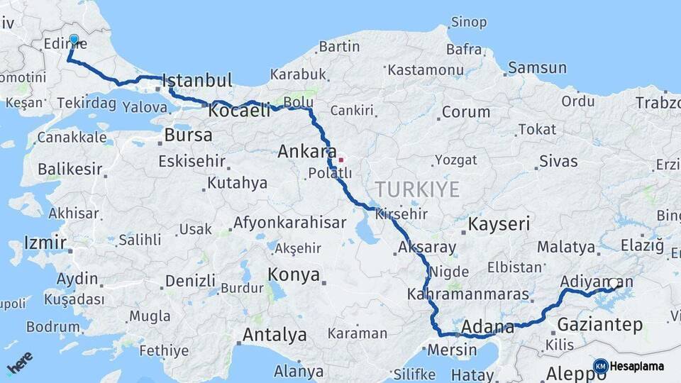 Kırklareli Kahta Adıyaman Arası Kaç Km - Yol Haritası