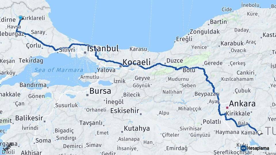 Kırklareli Kaman Kırşehir Arası Kaç Km - Yol Haritası