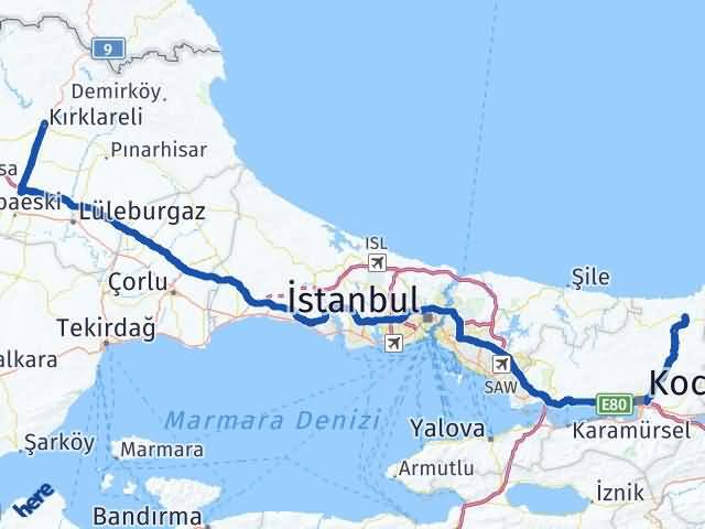 Kırklareli Kandıra Kocaeli Arası Kaç Km - Yol Haritası