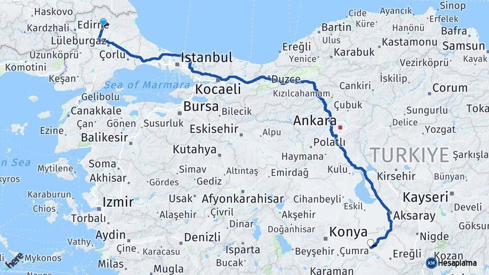 Kırklareli Karapınar Konya Arası Kaç Km - Yol Haritası