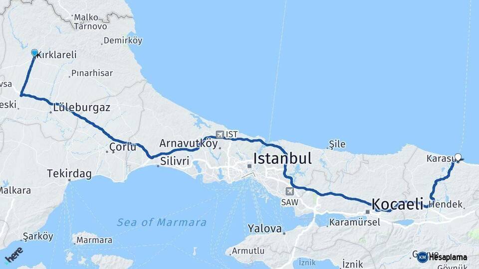 Kırklareli Karasu Sakarya Arası Kaç Km - Yol Haritası