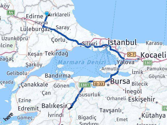 Kırklareli Karesi Balıkesir Arası Kaç Km - Yol Haritası