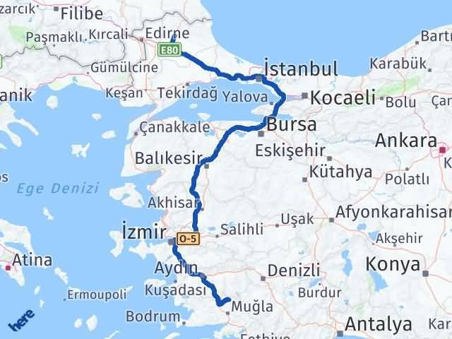 Kırklareli Kavaklıdere Muğla Arası Kaç Km - Yol Haritası