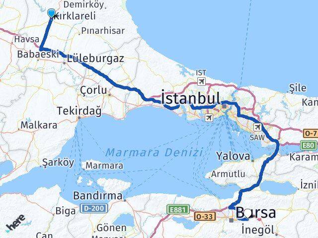 Kırklareli Kestel Bursa Arası Kaç Km - Yol Haritası
